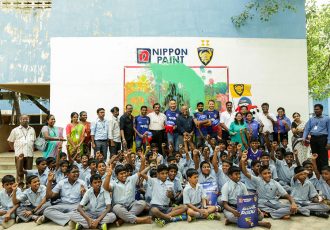 Chennaiyin FC players Eli Sabia, Andrea Orlandi, Francisco Fernandes and Mohammed Rafi during the launch of a unique arts-based LeadArt learning program by Nippon Paint and InkLink Charitable Trust at the Chettinad Rajah Muthiah School. (Photo courtesy: Chennaiyin FC)