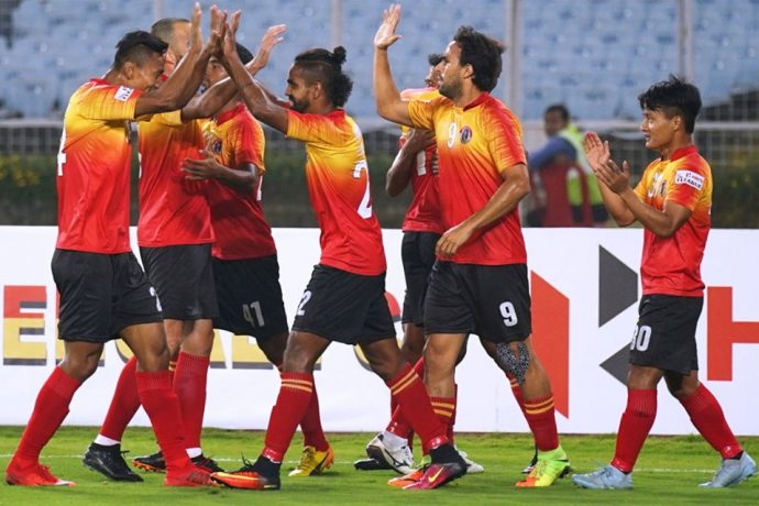 East Bengal players celebrating one of their goals in the Hero I-League. (Photo courtesy: AIFF Media)