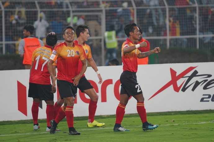 East Bengal FC players celebrating one of their goals in the Hero I-League. (Photo courtesy: AIFF Media)