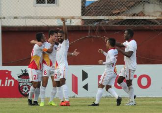 East Bengal FC players celebrating one of their goals against Churchill Brothers in the Hero I-League. (Photo courtesy: AIFF Media)