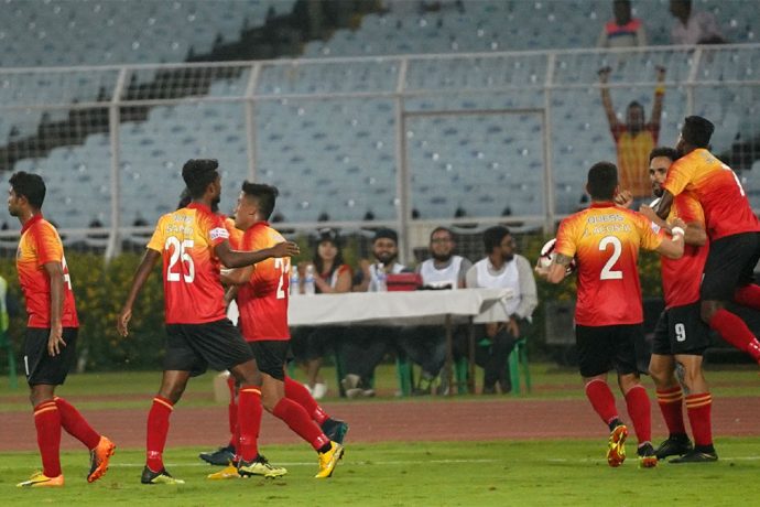 East Bengal FC players celebrating during a Hero I-League match. (Photo courtesy: AIFF Media)