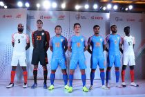 Indian national team players presenting the new home and away kits by new kit sponsors Six5Six. (Photo courtesy: AIFF Media)
