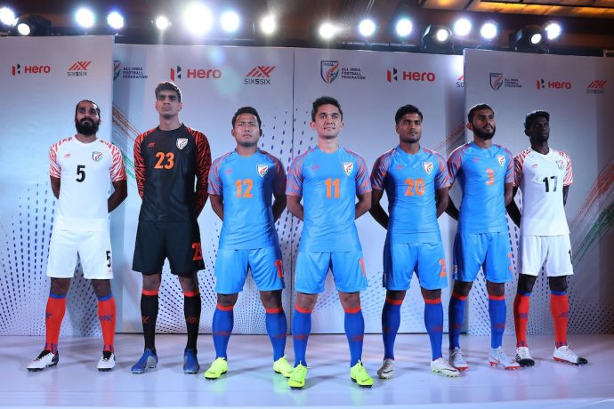 Indian national team players presenting the new home and away kits by new kit sponsors Six5Six. (Photo courtesy: AIFF Media)