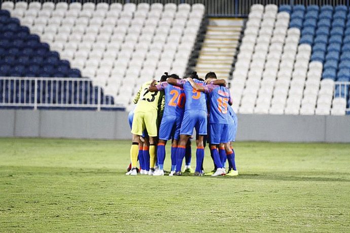 The Indian national team players moments before their friendly match against Oman on December 27, 2018. (Photo courtesy: AIFF Media)