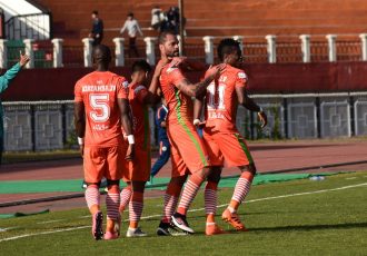 NEROCA FC players celebrate one of their goals in the Hero I-League match. (Photo courtesy: AIFF Media)