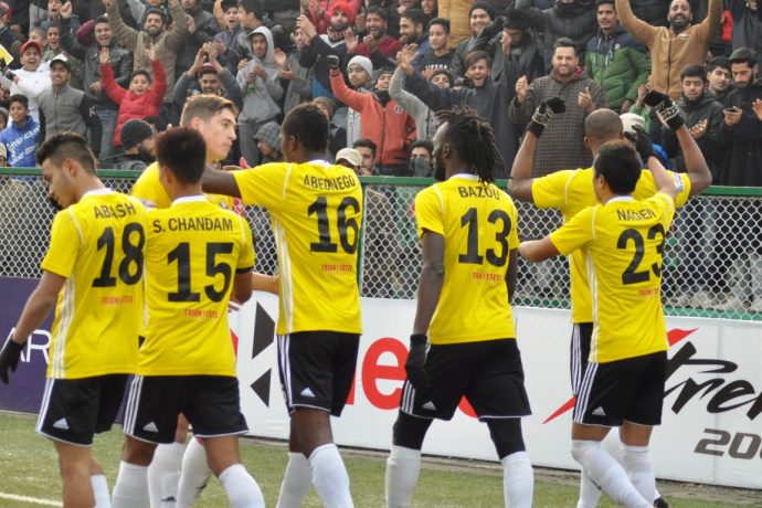 Real Kashmir FC players celebrating one of their goals in the Hero I-League. (Photo courtesy: AIFF Media)