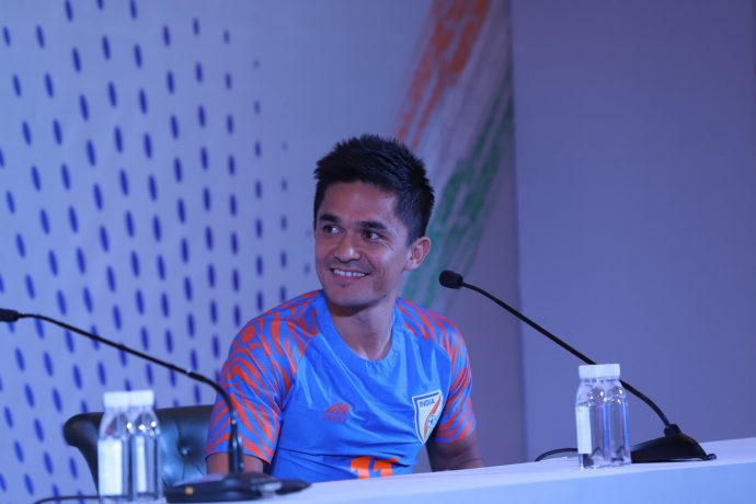 Indian national team striker Sunil Chhetri during a press conference in New Delhi. (Photo courtesy: AIFF Media)