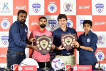 Bengaluru FC Head of Operations Srinivas Murthy, first team player Kean Lewis, head coach Carles Cuadrat and U-13 player Gautam Rajesh at the BOOST BFC Inter-School Soccer Shield launch. (Photo courtesy: Bengaluru FC)