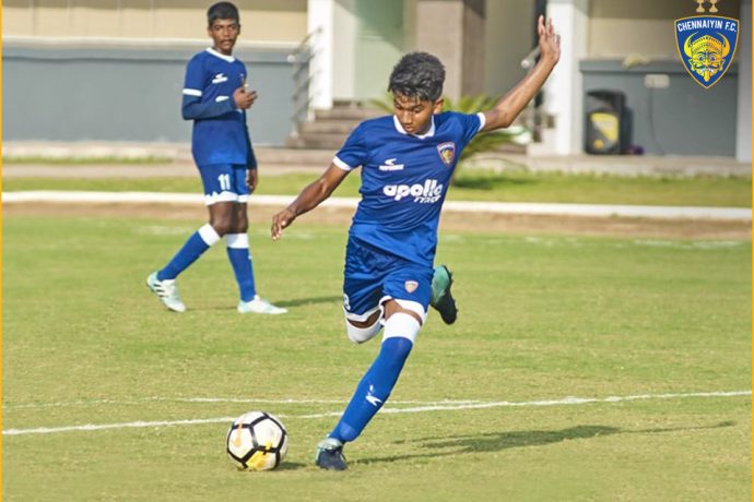 Mohamed Liyaakath in action for the Chennaiyin FC U-15 team. (Photo courtesy: Chennaiyin FC)