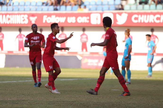 Churchill Brothers players celebrating one of their goals against the Indian Arrows in a Hero I-League encounter. (Photo courtesy: AIFF Media)