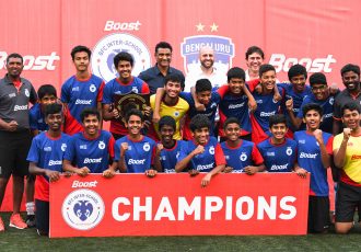 The Delhi Public School East U-14 team celebrating their 2019 BOOST BFC Inter-School Soccer Shield title. (Photo courtesy: Bengaluru FC)