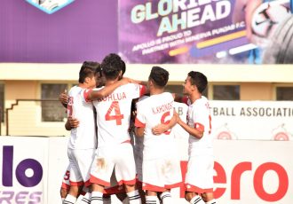 Shillong Lajong FC players celebrating their win in the Hero I-League. (Photo courtesy: AIFF Media)