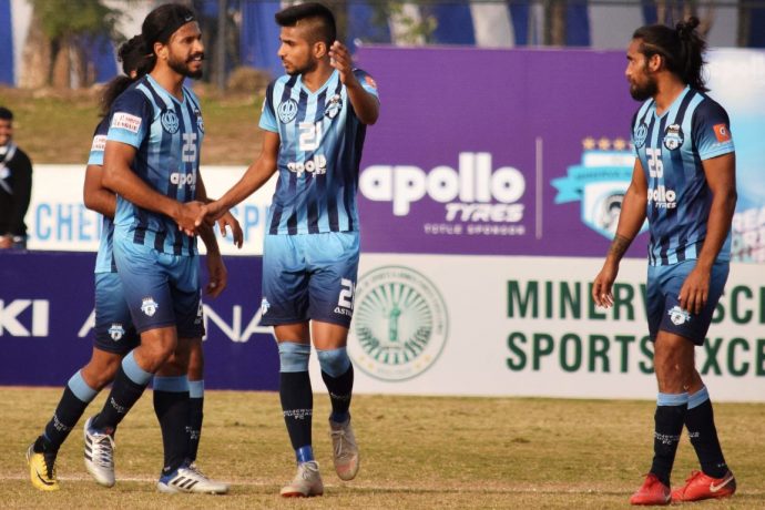 Minerva Punjab FC players during their Hero I-League match. (Photo courtesy: AIFF Media)