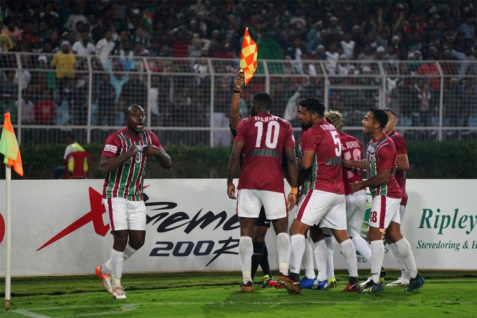Mohun Bagan AC players celebraing one of their goals in the Hero I-League. (Photo courtesy: AIFF Media)