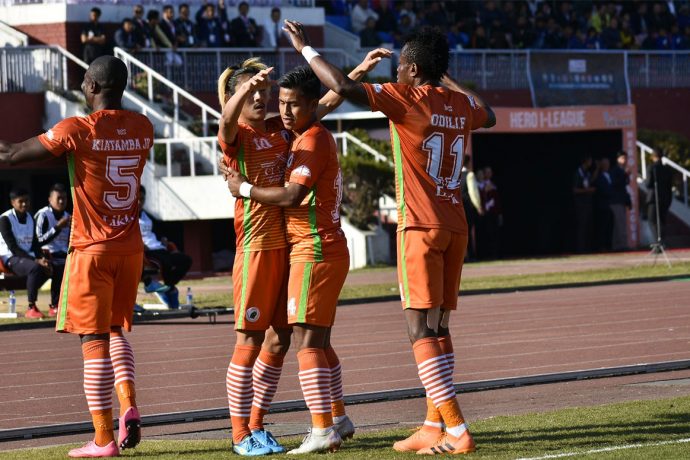 NEROCA FC players celebrate one of their goals in the Hero I-League. (Photo courtesy: AIFF Media)