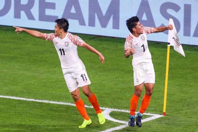 Anirudh Thapa (right) and Sunil Chhetri celebrate the Indian national team's third goal against Thailand in the AFC Asian Cup UAE 2019. (Photo courtesy: The Asian Football Confederation)