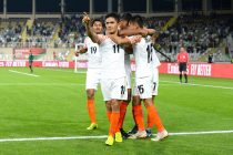Sunil Chhetri and his Indian national teammates celebrate their win the AFC Asian Cup UAE 2019 Group A opening match. (Photo courtesy: The Asian Football Confederation)