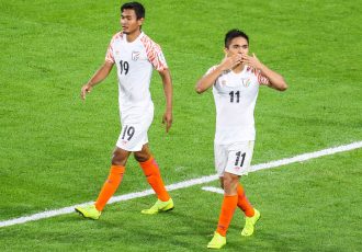 Sunil Chhetri celebrating one of his goals for the Indian national team at the AFC Asian Cup UAE 2019. (Photo courtesy: The Asian Football Confederation)