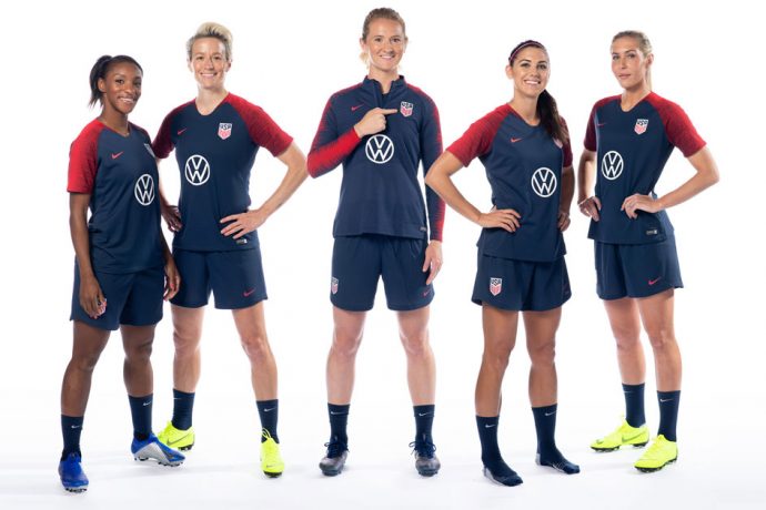 U.S. Women’s National Team members (from left to right) Crystal Dunn, Megan Rapinoe, Sam Mewis, Alex Morgan and Allie Long show off the team’s new training jerseys. (Photo courtesy: Volkswagen)