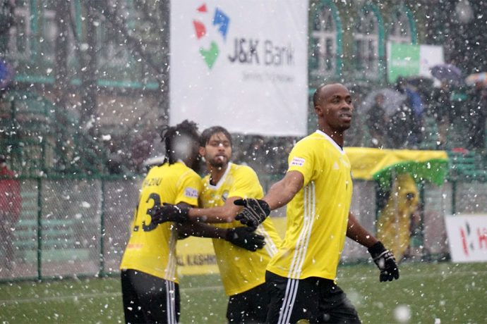 Real Kashmir's Ivorian striker Gnohere Krizo and teammates celebrating a goal in the Hero I-League. (Photo courtesy: AIFF Media)