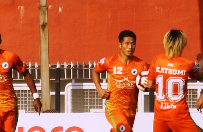 NEROCA FC players celebrating a goal in the Hero I-League. (Photo courtesy: AIFF Media)