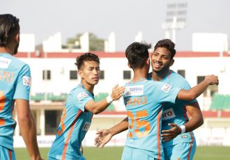 Indian Arrows players celebrating one of their goals in the Hero I-League. (Photo courtesy: AIFF Media)
