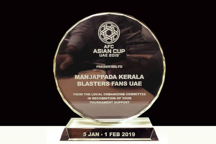 The Asian Football Confederation's (AFC) Recognition Award for the Manjappada Kerala Blasters Fans in honour of their support for the Indian national team at the AFC Asian Cup UAE 2019. (Photo courtesy: Manjappada Kerala Blasters Fans)
