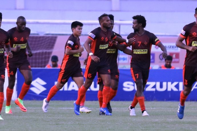 Gokulam Kerala FC players during their Hero I-League match. (Photo courtesy: AIFF Media)