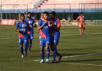Bengaluru FC B attacker Naorem Roshan Singh is congratulated by teammates after scoring against FC Goa Reserves in the Hero 2nd Division League at the Bengaluru Football Stadium. (Photo courtesy: Bengaluru FC)