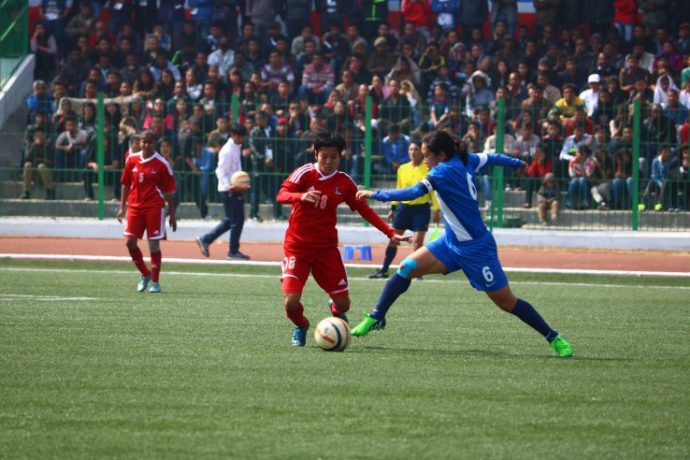 File pictutre of Indian Women's football legend Oinam Bembem Devi in action for the Indian Women's national team. (Photo courtesy: AIFF Media)