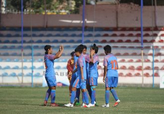 Indian Women's national team players celebrating one of their goals in the SAFF Women's Championship 2019. (Photo courtesy: AIFF Media)