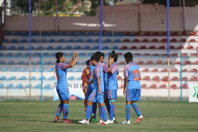 Indian Women's national team players celebrating one of their goals in the SAFF Women's Championship 2019. (Photo courtesy: AIFF Media)