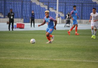 India U-23 international Komal Thatal in action against Uzbekistan in the AFC U-23 Championship qualifiers. (Photo courtesy: AIFF Media)