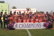 The Indian Women's national team celebrating the SAFF Women's Championship 2019 title after their 3-1 win against Nepal in the final. (Photo courtesy: AIFF Media)