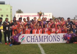 The Indian Women's national team celebrating the SAFF Women's Championship 2019 title after their 3-1 win against Nepal in the final. (Photo courtesy: AIFF Media)