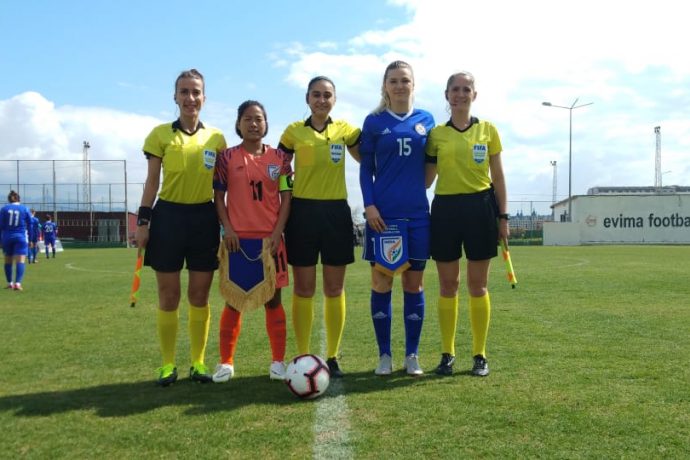 The captains of India and and Kazakhstan at the Turkish Women’s Cup 2019. (Photo courtesy: AIFF Media)