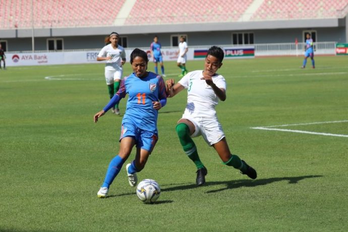 Match action between the women's national teams of India and Indonesia in a 2020 AFC Women's Olympic Qualifying Tournament Round 2 encounter. (Photo courtesy: AIFF Media)