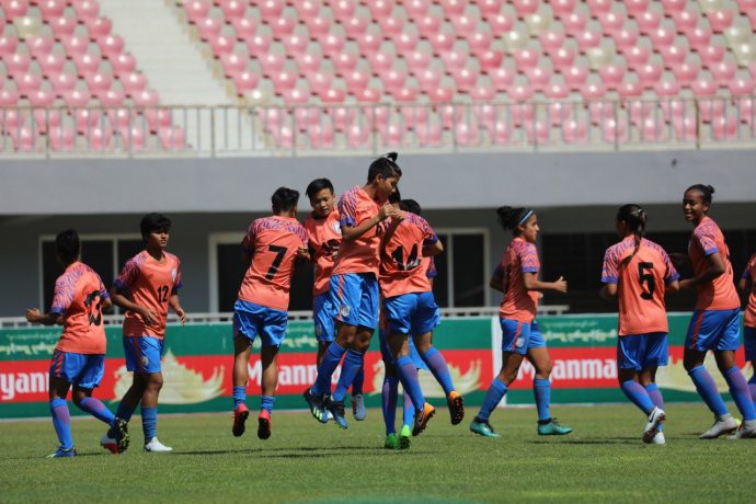 The Indian Women's national team during their pre-match warm-up. (Photo courtesy: AIFF Media)