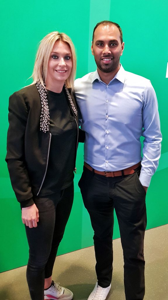 Germany Women's national team star Lena Goessling (VfL Wolfsburg) and Chris Punnakkattu Daniel (CPD Football) at the sidelines of the DFB-Pokal draw at the Deutsches Fußballmuseum in Dortmund. (© CPD Football)