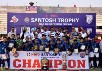Players and officials of the Services celebrate their 6th Santosh Trophy title. (Photo courtesy: AIFF Media)