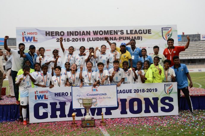 Sethu FC players and officials celebrating their first-ever Hero Indian Women's League (IWL) title. (Photo courtesy: AIFF Media)