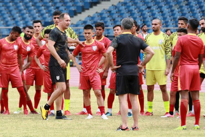 Head coach Igor Štimac, captain Sunil Chhetri and other the members of the Indian national team during a training session at the Jawaharlal Nehru Stadium in Delhi. (Photo courtesy: AIFF Media)