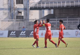Manipur Police players celebrating one of their goals in the Hero Indian Women's League. (Photo courtesy: AIFF Media)