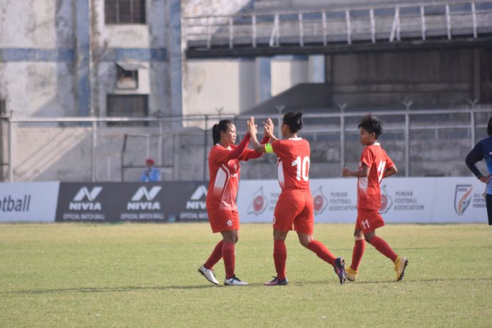 Manipur Police players celebrating one of their goals in the Hero Indian Women's League. (Photo courtesy: AIFF Media)