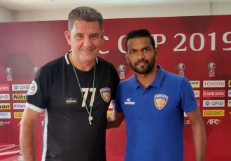 Chennaiyin FC Head Coach John Gregory and midfielder Francisco Fernandes at the official AFC Cup pre-match press conference. (Photo courtesy: Chennaiyin FC)