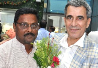 AIFF Technical Director Isac Doru is welcomed by Subhasis Behera, Development Officer, AIFF at his arrival at the Bhubaneswar Airport. (Photo courtesy: Football Association of Odisha)