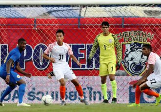 Amarjit Singh Kiyam, Gurpreet Singh Sandhu and Raynier Fernandes in action for the Indian national team against Curaçao in the King's Cup 2019. (Photo courtesy: AIFF Media)
