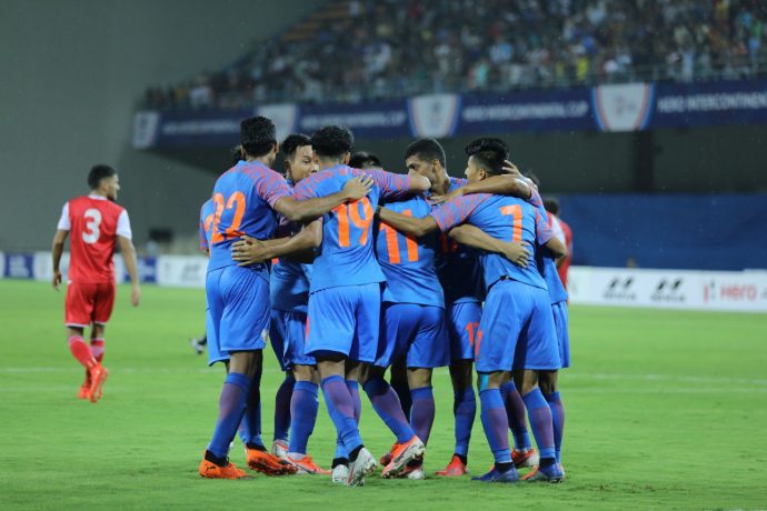 Indian national team celebrating one of their goals against Tajikistan in the Hero Intercontinental Cup 2019. (Photo courtesy: AIFF Media)