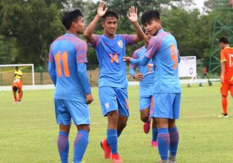 The India U-15 national team celebrating one of their goals at the SAFF U-15 Championship 2019. (Photo courtesy: AIFF Media)
