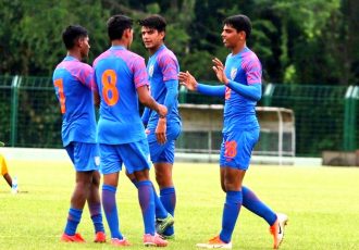 India U-15 national team players celebrating one of their goals in the SAFF U-15 Championship. (Photo courtesy: AIFF Media)